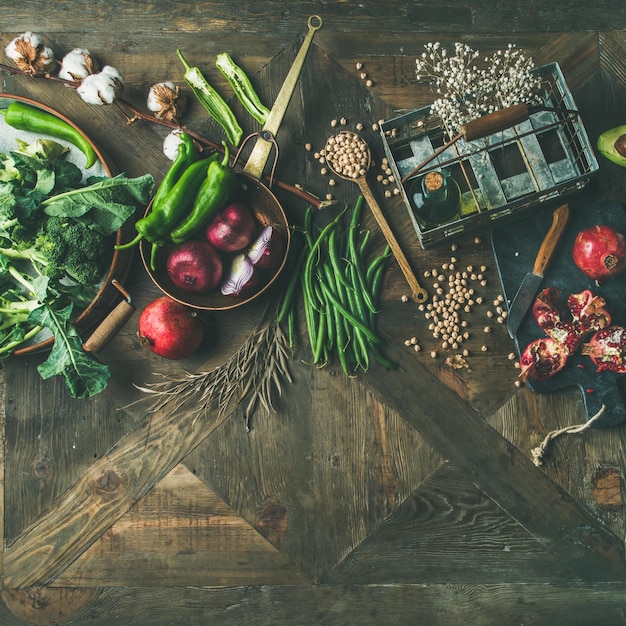 Fresh ingredients on wooden table